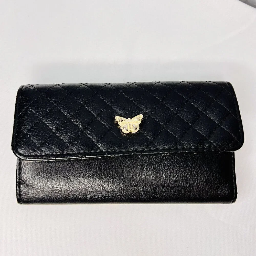 MAX STUDIO Black Gold Butterfly  Snap Trifold Wallet Quilted Design NWOT NICE B4